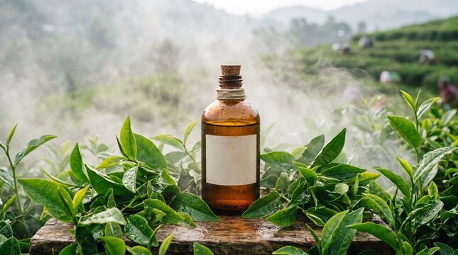 Tea leaves and essential oil bottle on wooden stump in green tea plantation