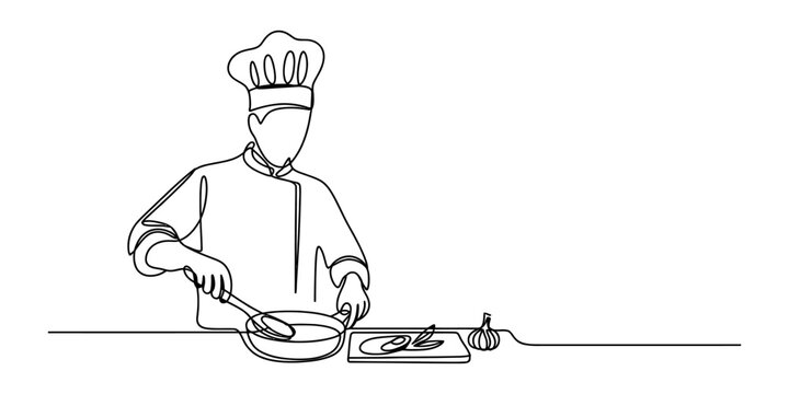 Continuous single line drawing of a professional chef cooking food in a pan with fresh ingredients on a wooden kitchen counter Vector, illustration