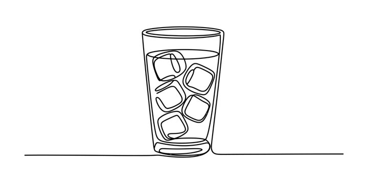 Continuous single line drawing of a glass of cold water with ice cubes inside for a refreshing drink concept isolated on white background Vector, illustration