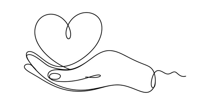 Continuous single line drawing of a human hand holding a heart symbol representing love care kindness and charity isolated icon Vector, illustration
