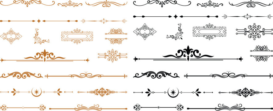 Elegant vintage decorative divider collection featuring ornamental flourishes, filigree borders and classic line separators. Luxury vector design elements for invitations.