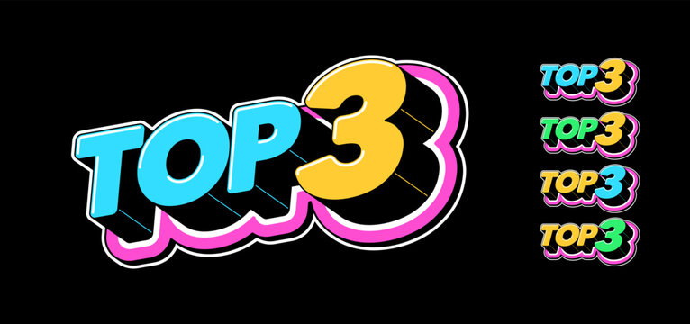 Text top 3 in 3D style, best choice list, winner review, leader chart. Top 3 rating, text icon set. Top3 tag, rank number with isometric letters in pop art style for graphic design, vector set
