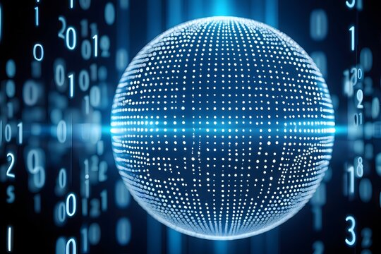 Futuristic glowing blue digital globe with binary code background, representing technology and data.
