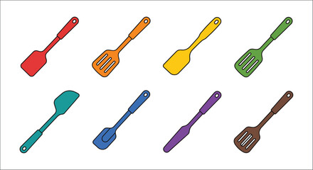 Colorful spatulas and turners a flat vector illustration on a white background spatula turner flippers © Exclusive Vectors