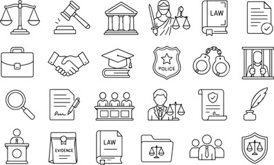 Fototapeta premium Set of law and justice icons in a simple hand drawn sketch style Vector