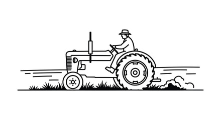 Tractor with farmer illustration black and white line drawing on white background © MosaRabeya
