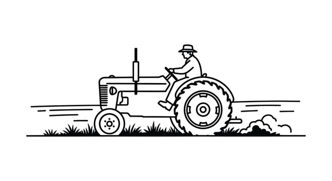 Tractor with farmer illustration black and white line drawing on white background