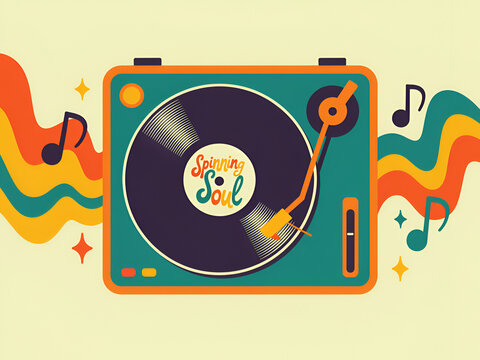 Retro turntable playing vinyl record with colorful wavy lines and musical notes during a groovy celebration