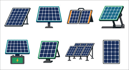 Solar panel icons with varying stands and battery storage flat vector illustration photovoltaic sun renewable © Exclusive Vectors