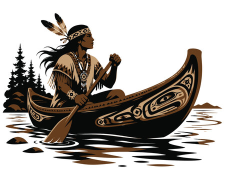 Native American person rowing wooden canoe on water vector illustration isolated on white background