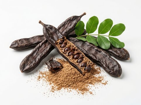 Fresh carob pods with seeds and brown carob powder heap isolated on white background