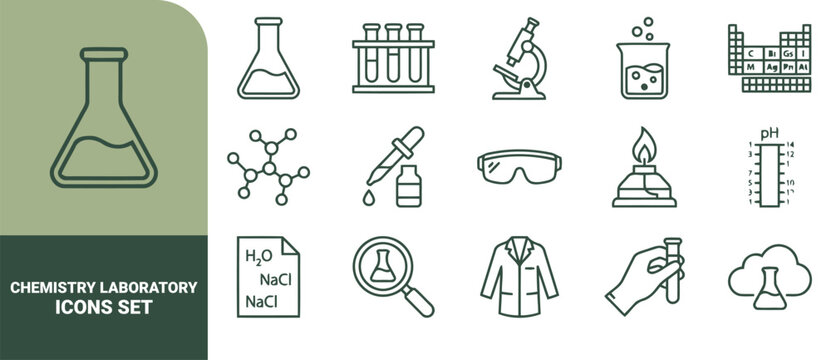Chemistry laboratory icons set featuring line symbols of beakers, test tubes, microscopes, molecular structures, safety goggles, a bunsen burner, a lab coat, and chemical formulas