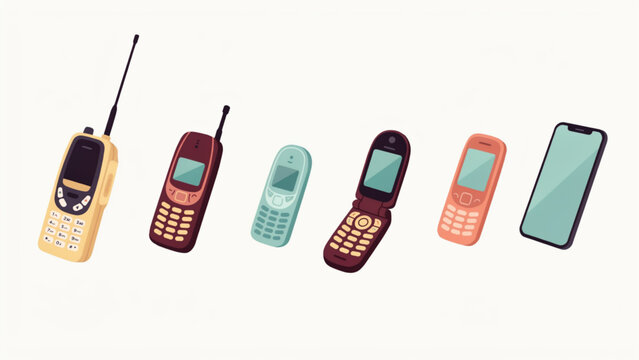 Six colorful old-style mobile phones lined up in a row