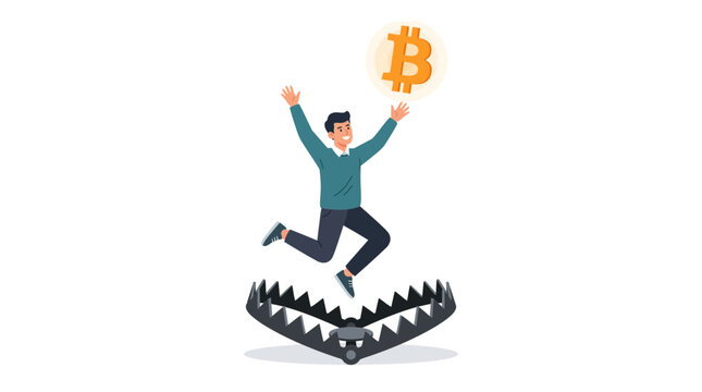 Man jumping over bear trap with Bitcoin symbol, cryptocurrency investment success concept