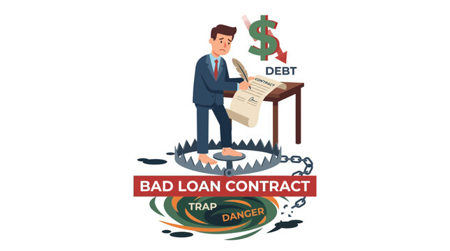 Man trapped in debt by signing bad loan contract, financial crisis concept
