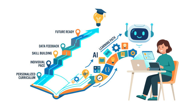 Artificial Intelligence in Education and Personalized Learning Path Illustration