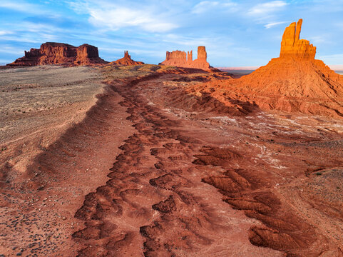 Sunset Over Monument Valley Sandstone Buttes, Arizona Utah Desert Landscape