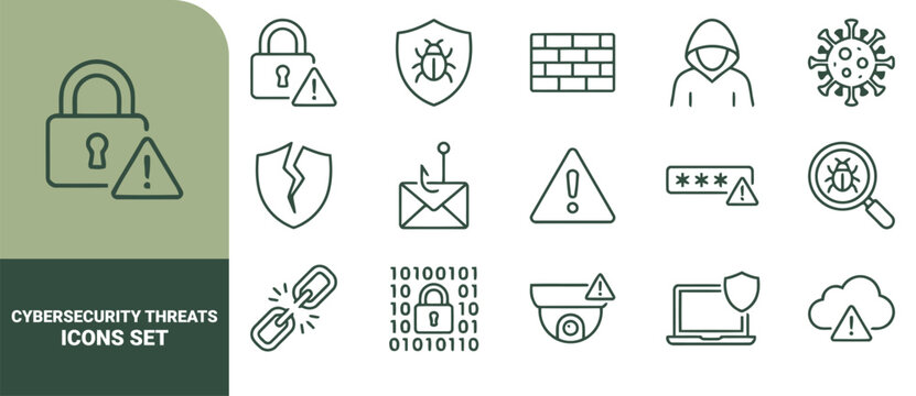 Cybersecurity threats and network security icon set, featuring line of padlocks, hackers, malware, phishing, firewalls, and data protection symbols on a white background