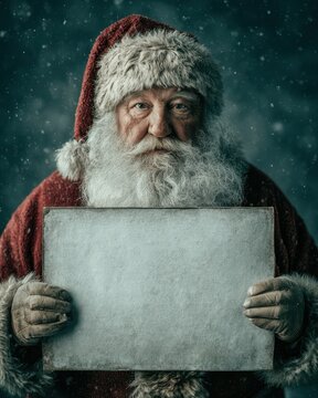 Santa Claus holding a blank white poster board in front of him, neutral studio background with floating snowflakes, soft cinematic lighting, extremely realistic stock photo mockup