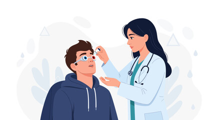 Fototapeta premium Optometrist performs eye examination on a young man with a trial lens frame, diagnostic checkup, healthcare concept