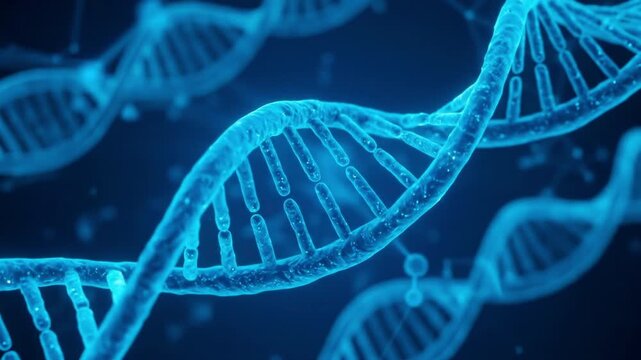 Blue DNA double helix molecule structure rotating. Suitable for science, medicine, education, research, and biotechnology presentation.
