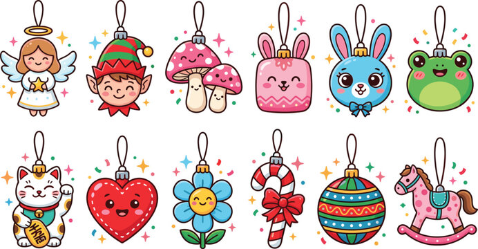 Cute Christmas Ornament Set Vector Illustration with Angel Elf Mushroom Bunny Cat Heart Flower Candy Cane Rocking Horse Kawaii Collection