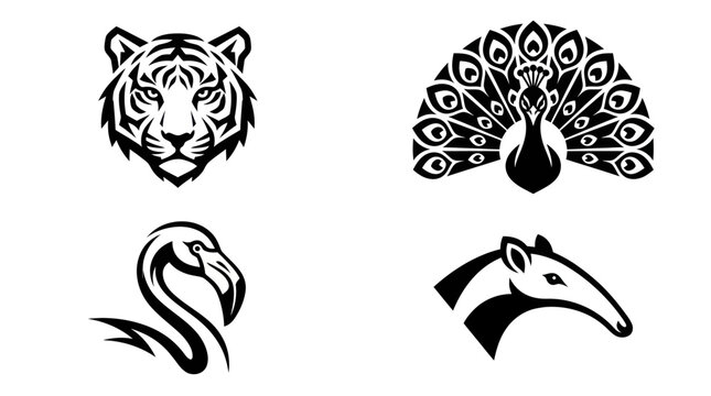 Black animal head stencils featuring tiger peacock flamingo and anteater silhouettes