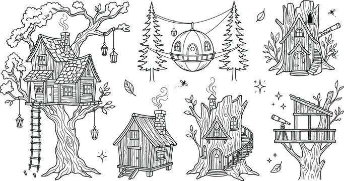 Hand drawn vector set of fantasy treehouses and fairytale wooden cabins isolated icons for coloring book design