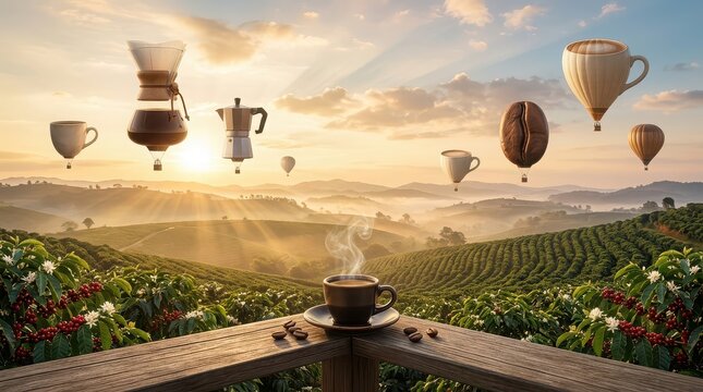 Coffee Themed Hot Air Balloons Over Coffee Plantation at Sunrise coffee cup coffee maker