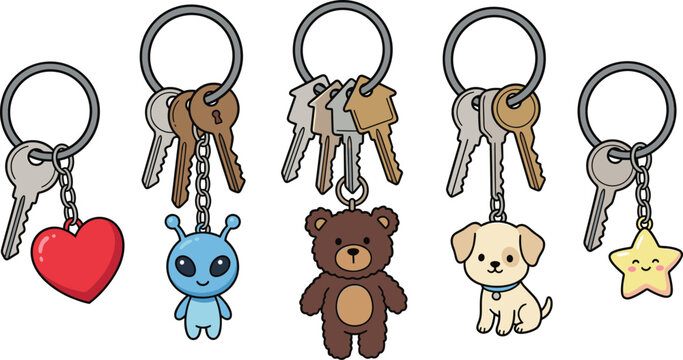 Keyring Set with Cute Charms Vector Illustration Heart Alien Teddy Bear Puppy Star Keys Keychain Cartoon Collection for Kids Design