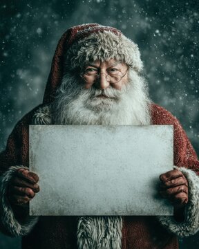 Santa Claus holding a blank white poster board in front of him, neutral studio background with floating snowflakes, soft cinematic lighting, extremely realistic stock photo mockup