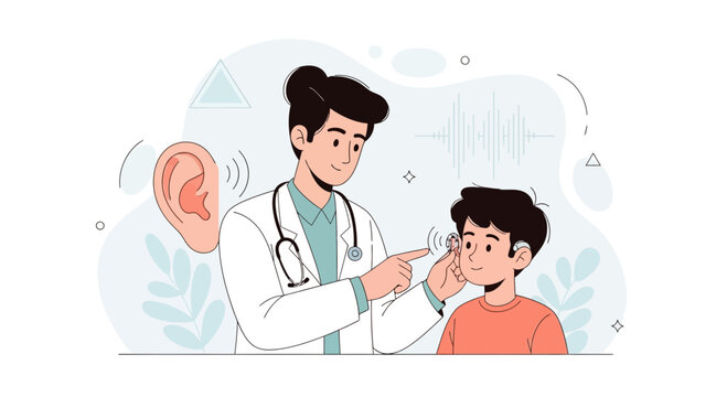 Audiologist examines child for hearing loss, fitting a modern hearing aid, symbolizing audiology and sound care.