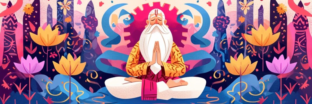 Man guru doing meditation in lotus pose surrounded by lotus flowers. Indian sage in spiritual practice for calm and self-knowledge. Banner with copy space