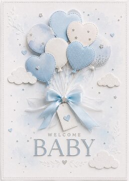 Welcome Baby Greeting Card With Blue Heart Balloons Handmade Paper Craft