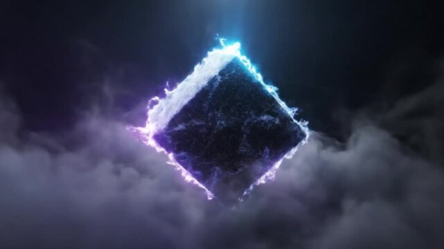 Abstract rotating cube with glowing electric edges emerging from swirling misty shadows