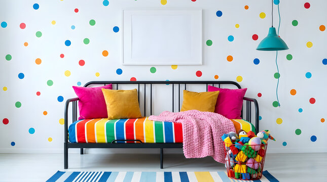 Colorful polka dot kids room with striped daybed and rainbow decor, ideal for children's interior design branding