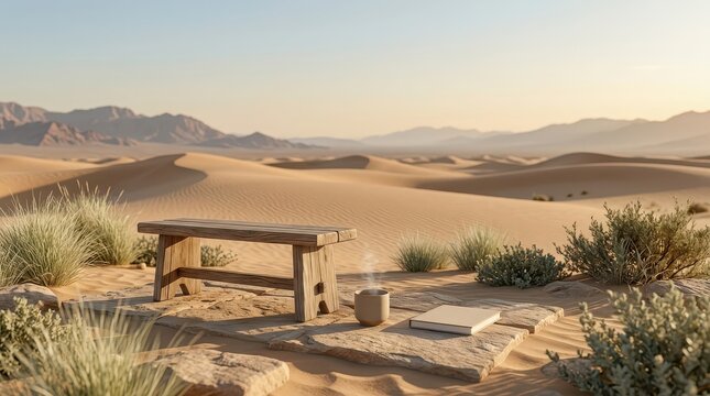 Wooden Bench in Desert Landscape with Coffee and Book at Sunset sand dunes