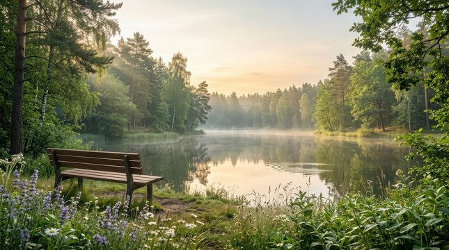 Serene Lake and Forest Scene with a Bench at Sunrise nature wooden bench