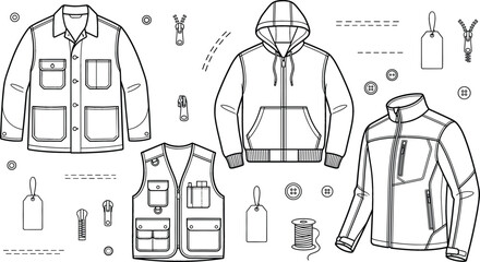 Men outerwear clothing fashion vector illustration flat sketch set with jackets hoodie vest zippers buttons and price tags © MdMursalin