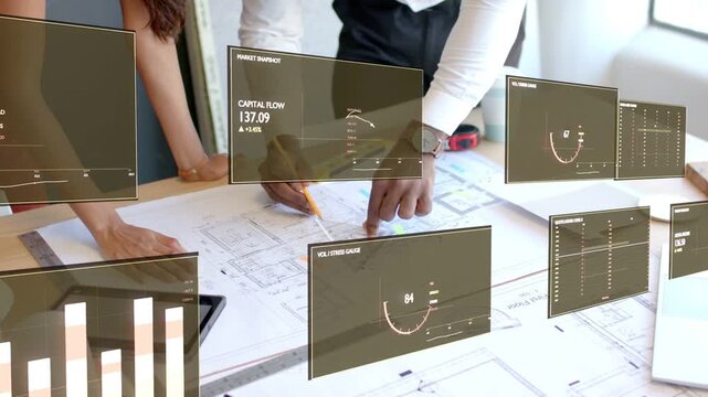 Left designer pointing triggers right architect penciling plans while AR charts updating for design