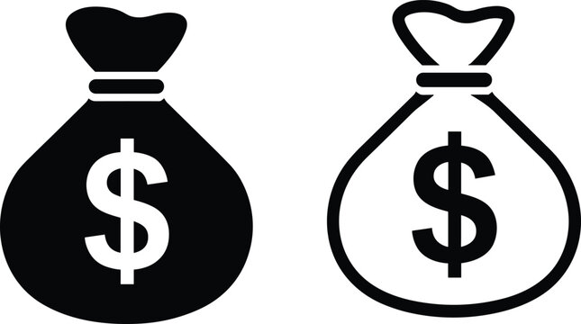 Money bag dollar sign vector icon set with black silhouette and outline financial wealth templates