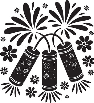 Festive black and white firecracker vector illustration with decorative fireworks and flower patterns