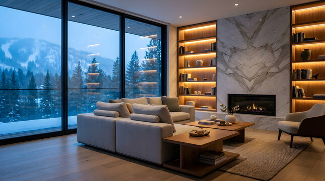 Cozy mountain living room with fireplace and snowy view