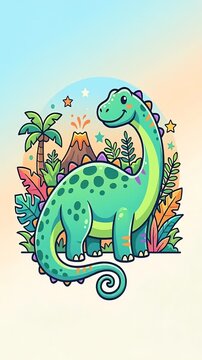 Cute cartoon green dinosaur in prehistoric jungle animation