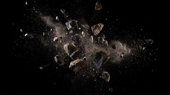 Abstract 3D Render of Exploding Dark Stones and Flying Debris