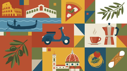 A vibrant Italian scene unfolds with gondola, motorcycle, pizza, coffee, and iconic landmarks in a colorful collage. © Fendi