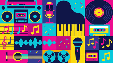Vibrant music equipment and symbols fill the colorful graphic illustration with piano and records. © Fendi