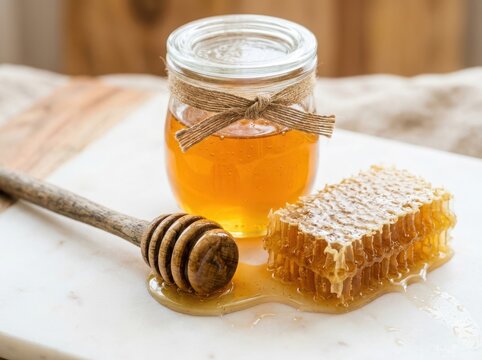 A small glass jar of golden organic honey with a wooden dipper and a piece of honeycomb on a rustic table isolated on white background