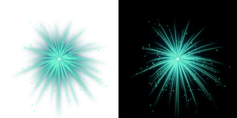 A striking cyan firework explosion with bright glowing light trails and festive energy, isolated on transparent background © MDSakib