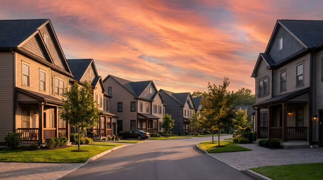 Suburban residential street with homes under dramatic sunset sky